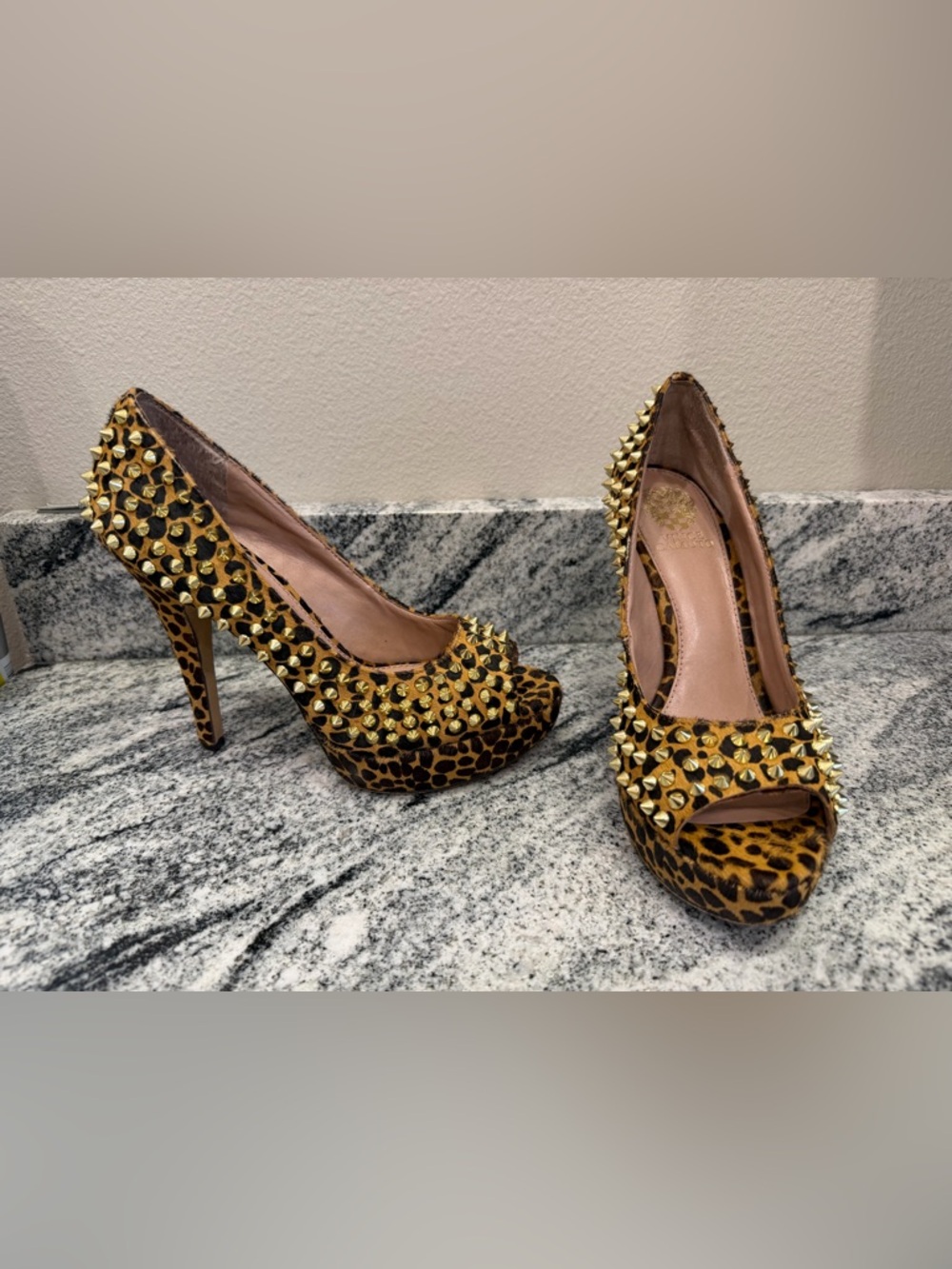 Vince Camuto Leopard Print Studded Peep-Toe Pumps - Gold and Brown